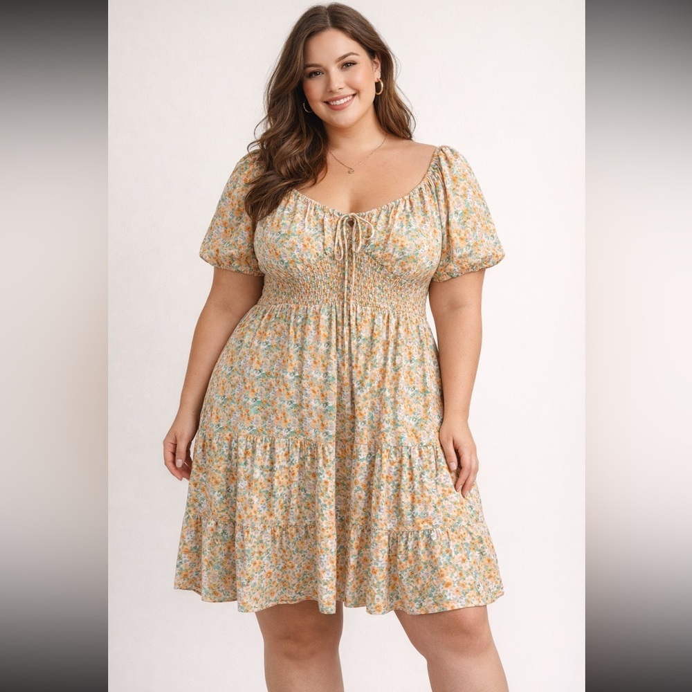 Arula Ditsey Floral Romantic Puff Sleeve Babydoll Smocked Linen Blend Dress